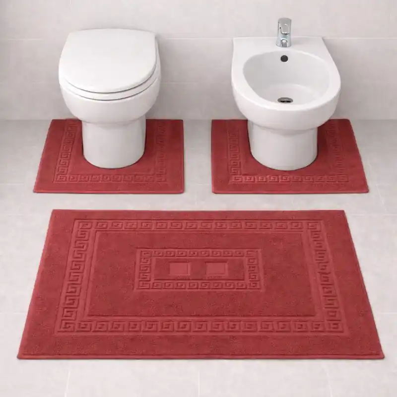 SIENA - Tappeto Set Parure 3 Pezzi da Bagno Tinta Unita con Greca - Spugna di Cotone - Bordeaux