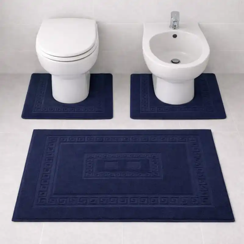 SIENA - Tappeto Set Parure 3 Pezzi da Bagno Tinta Unita con Greca - Spugna di Cotone - Blu
