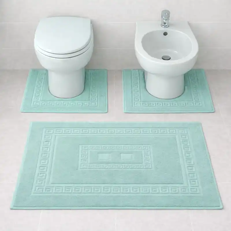 SIENA - Tappeto Set Parure 3 Pezzi da Bagno Tinta Unita con Greca - Spugna di Cotone - Verde Acqua