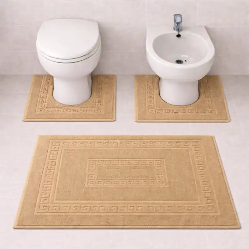 SIENA - Tappeto Set Parure 3 Pezzi da Bagno Tinta Unita con Greca - Spugna di Cotone - Beige