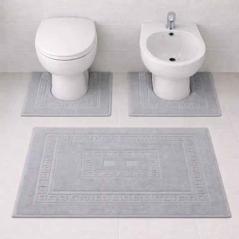 SIENA - Tappeto Set Parure 3 Pezzi da Bagno Tinta Unita con Greca - Spugna di Cotone - Grigio