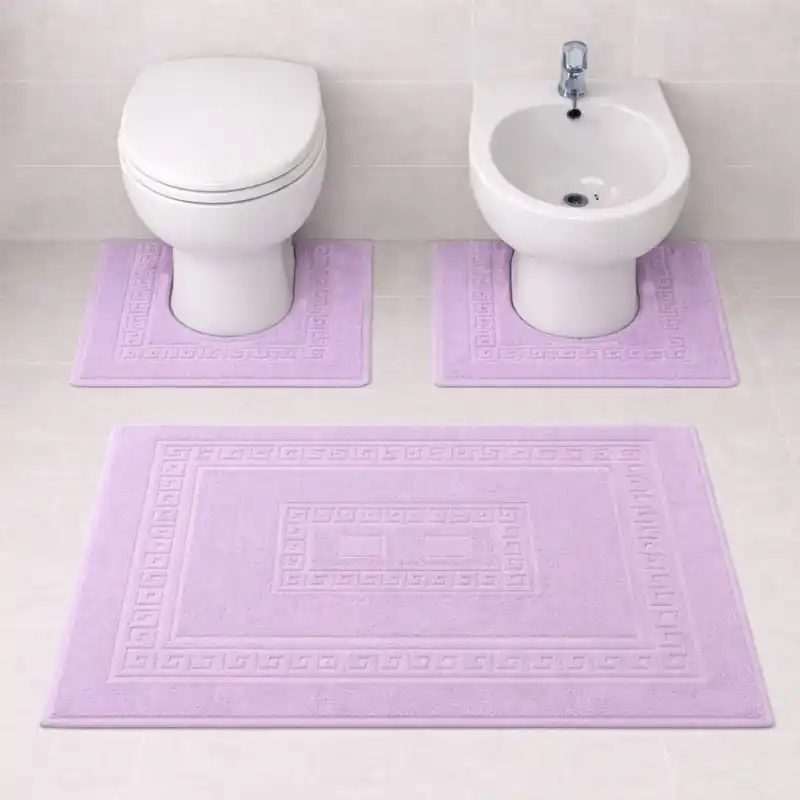 SIENA - Tappeto Set Parure 3 Pezzi da Bagno Tinta Unita con Greca - Spugna di Cotone - Lilla