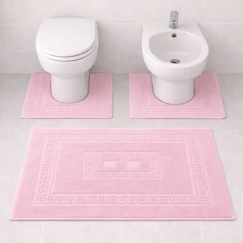 SIENA - Tappeto Set Parure 3 Pezzi da Bagno Tinta Unita con Greca - Spugna di Cotone - Rosa