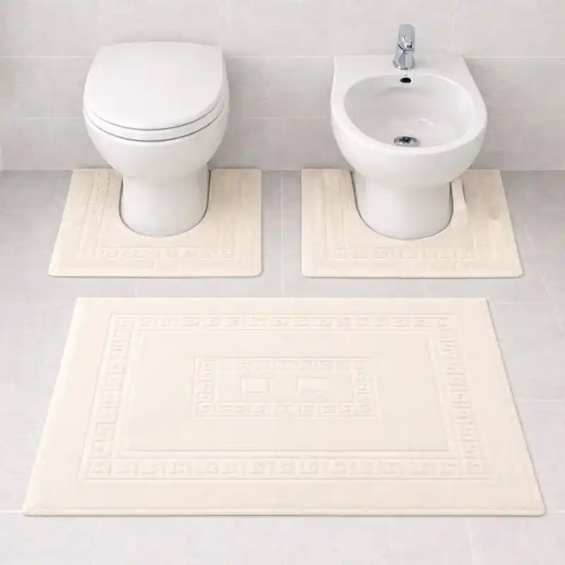 SIENA - Tappeto Set Parure 3 Pezzi da Bagno Tinta Unita con Greca - Spugna di Cotone - Panna