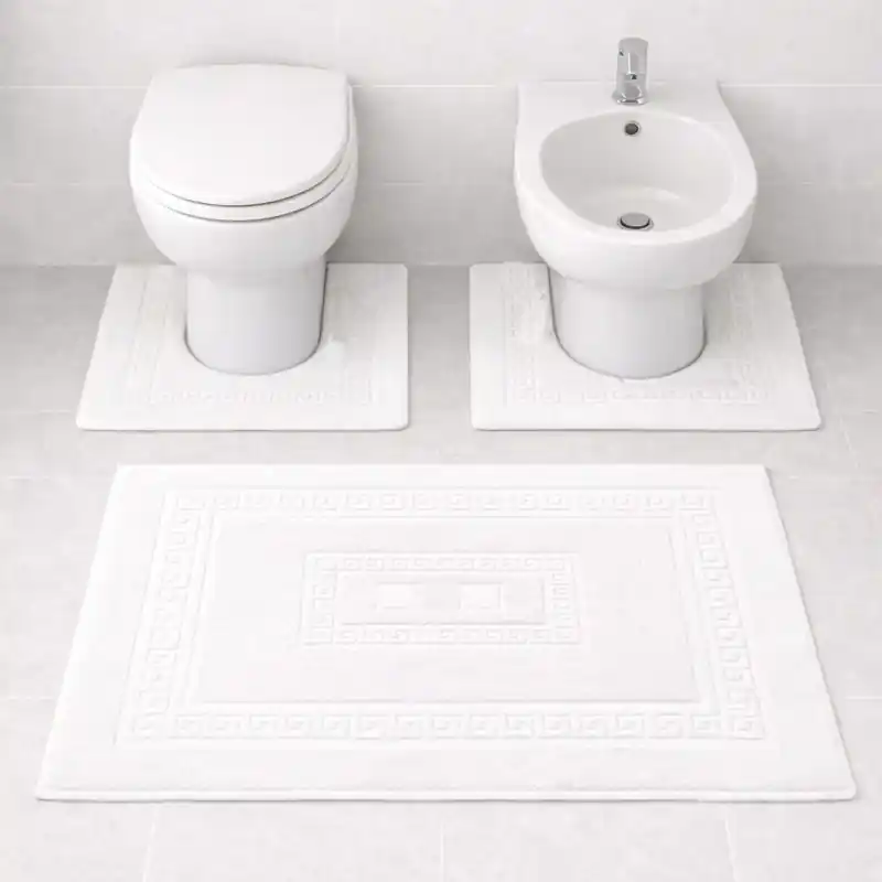 SIENA - Tappeto Set Parure 3 Pezzi da Bagno Tinta Unita con Greca - Spugna di Cotone - Bianco