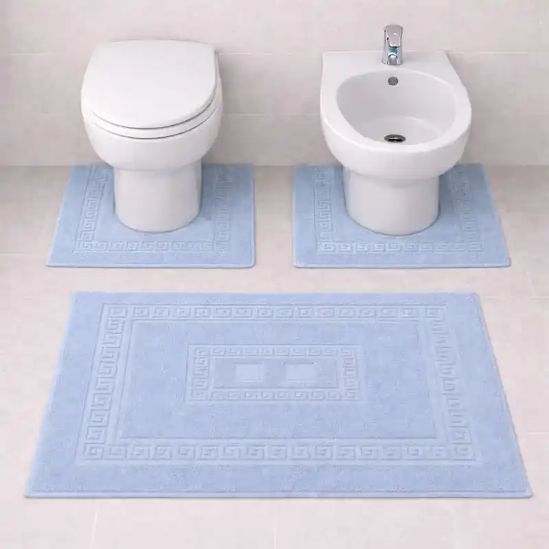 SIENA - Tappeto Set Parure 3 Pezzi da Bagno Tinta Unita con Greca - Spugna di Cotone - Azzurro