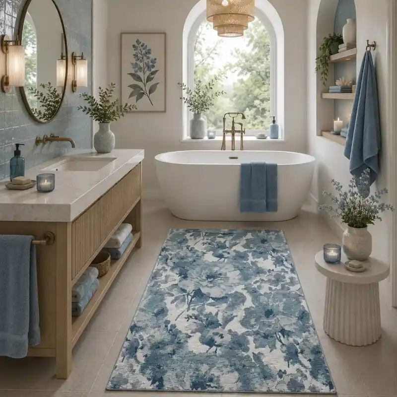 BOTANIC - Tappeto Passatoia Bagno Floreale Ciniglia Jacquard - Lavabile ed Antiscivolo - Azzurro