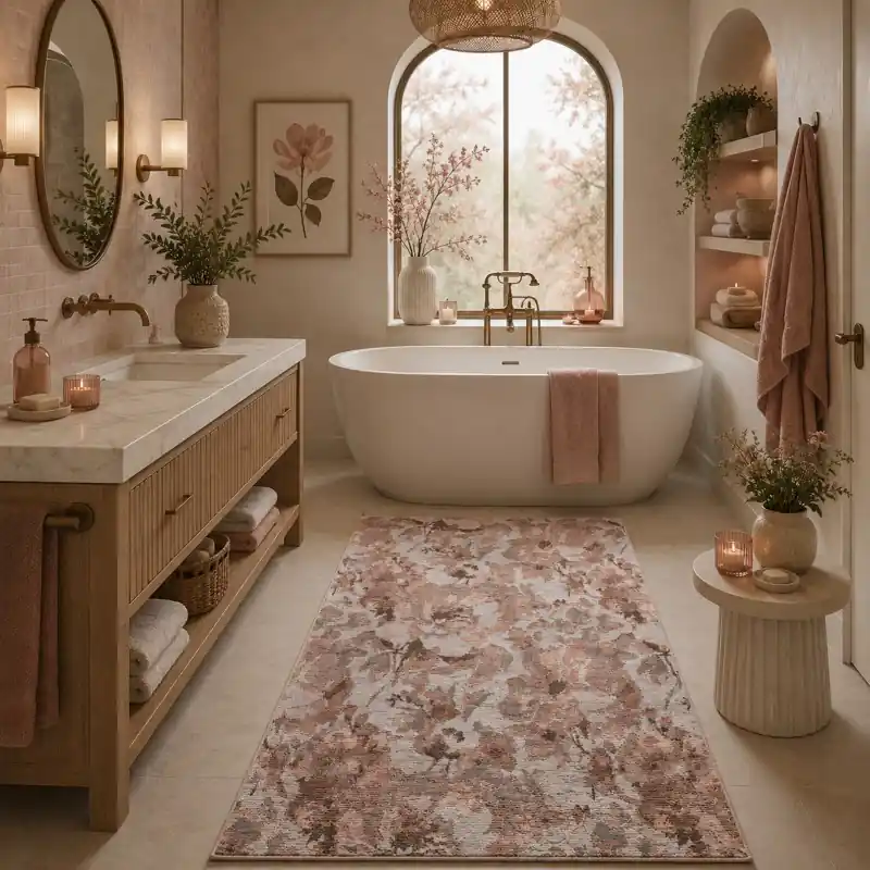 BOTANIC - Tappeto Passatoia Bagno Classico Floreale - Lavabile ed Antiscivolo - Ciniglia Jacquard - Cipria