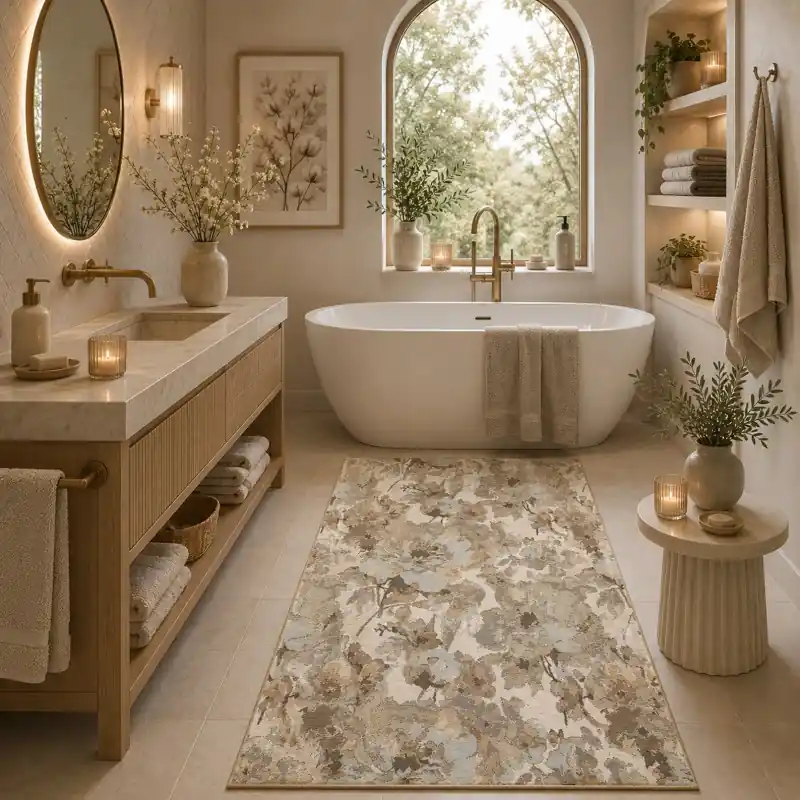 BOTANIC - Tappeto Passatoia Bagno Classico Floreale - Lavabile ed Antiscivolo - Ciniglia Jacquard - Tortora