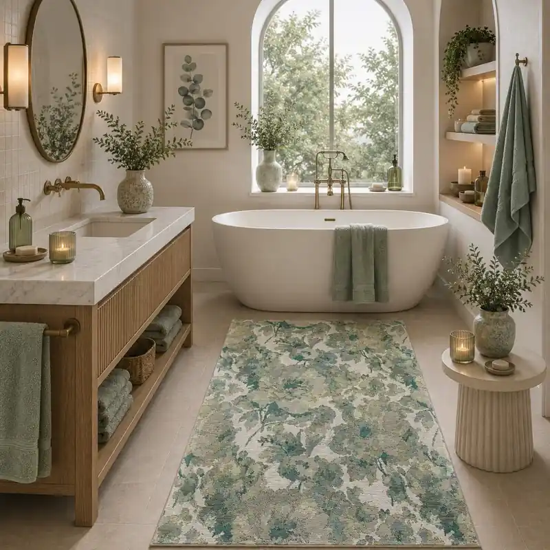 BOTANIC - Tappeto Passatoia Bagno Classico Floreale - Lavabile ed Antiscivolo - Ciniglia Jacquard - Acqua