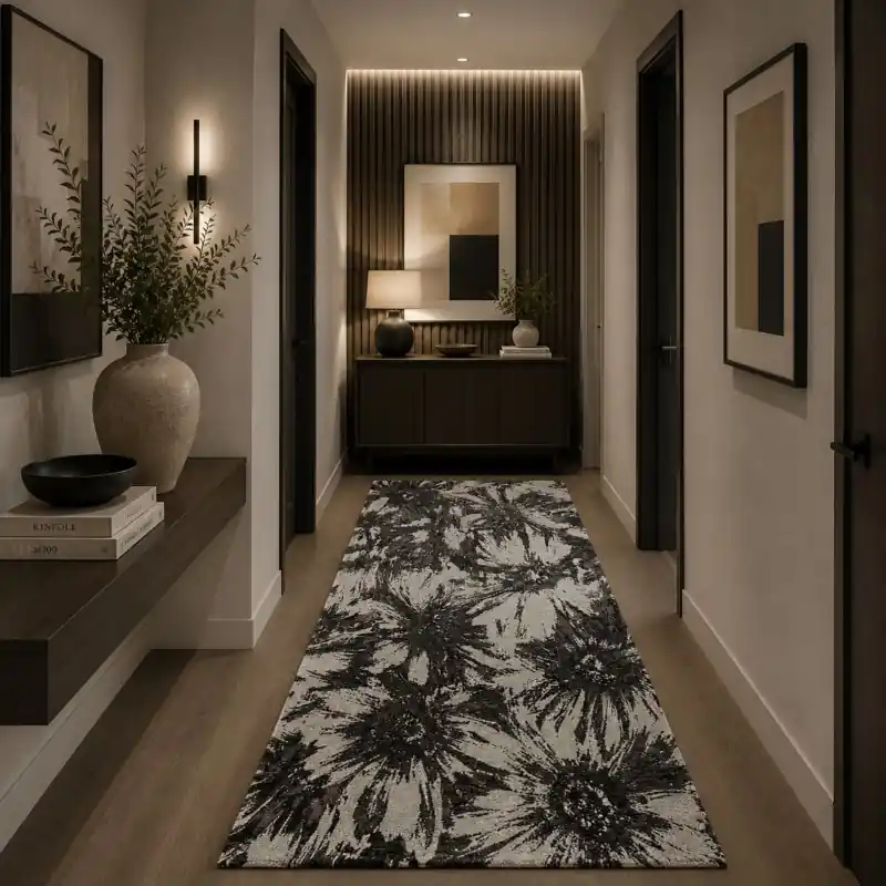 NINFEE - Tappeto Passatoia Corsia Classico Floreale Ciniglia Jacquard - Lavabile ed Antiscivolo - Nero