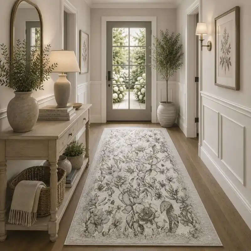 PEONY - Tappeto Passatoia Corsia Classico Floreale Ciniglia Jacquard - Lavabile ed Antiscivolo - Beige Grigio