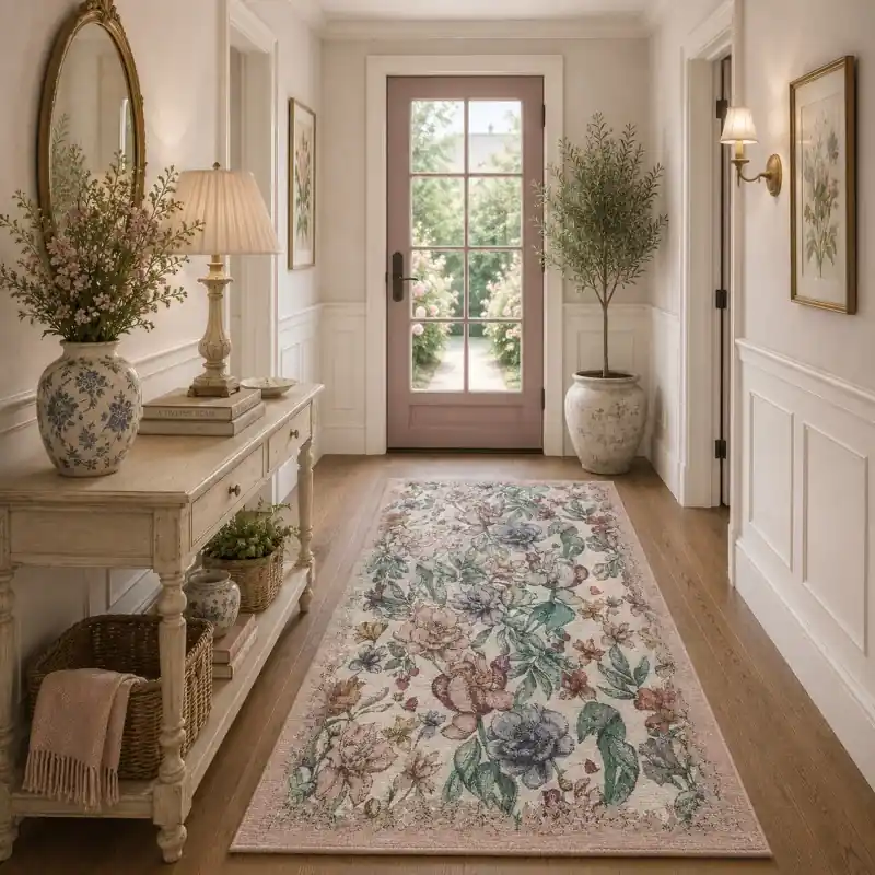 PEONY - Tappeto Passatoia Corsia Classico Floreale Ciniglia Jacquard - Lavabile ed Antiscivolo - Multicolor