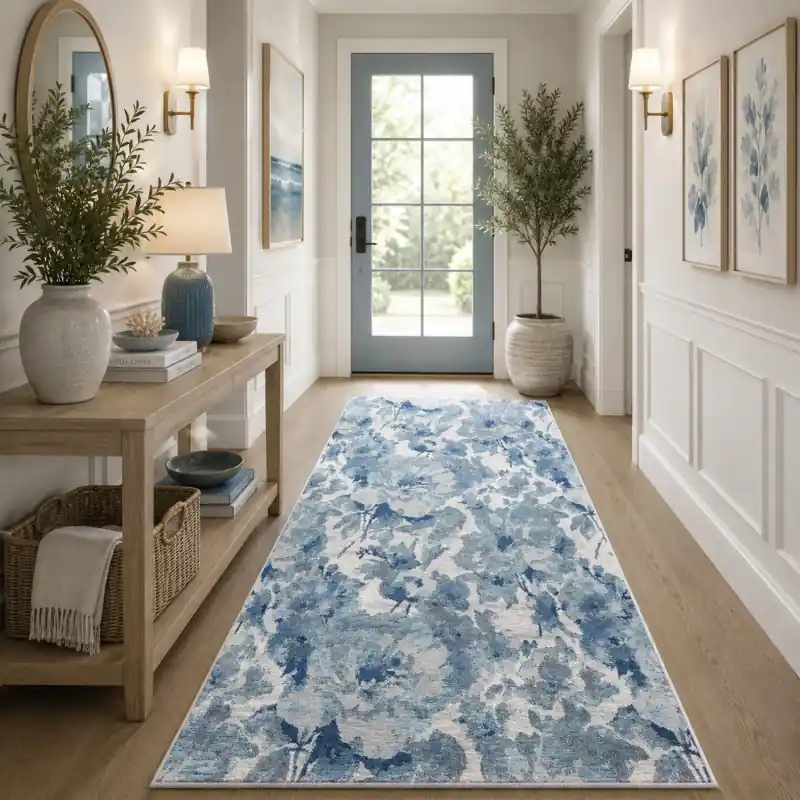 BOTANIC - Tappeto Passatoia Corsia Classico Floreale - Lavabile ed Antiscivolo - Ciniglia Jacquard - Azzurro