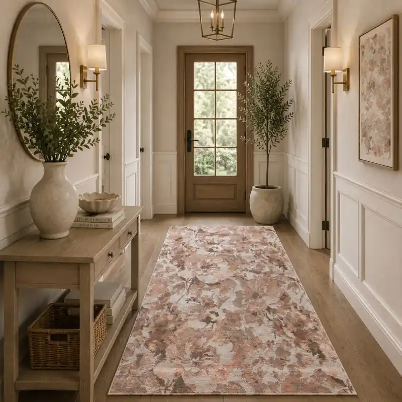 BOTANIC - Tappeto Passatoia Corsia Classico Floreale - Lavabile ed Antiscivolo - Ciniglia Jacquard - Cipria