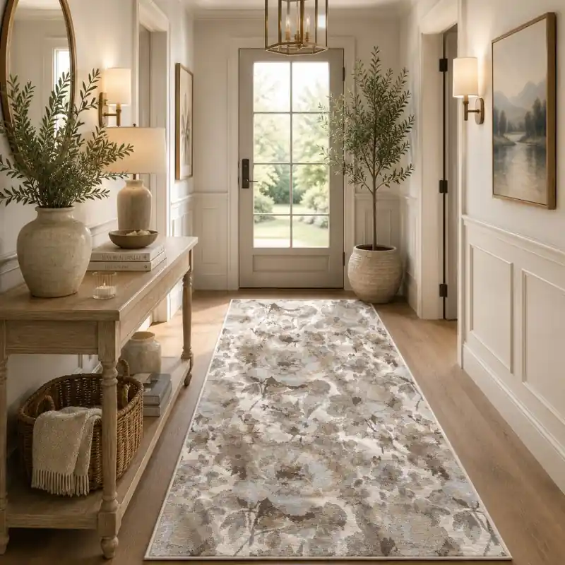 BOTANIC - Tappeto Passatoia Corsia Classico Floreale - Lavabile ed Antiscivolo - Ciniglia Jacquard - Tortora