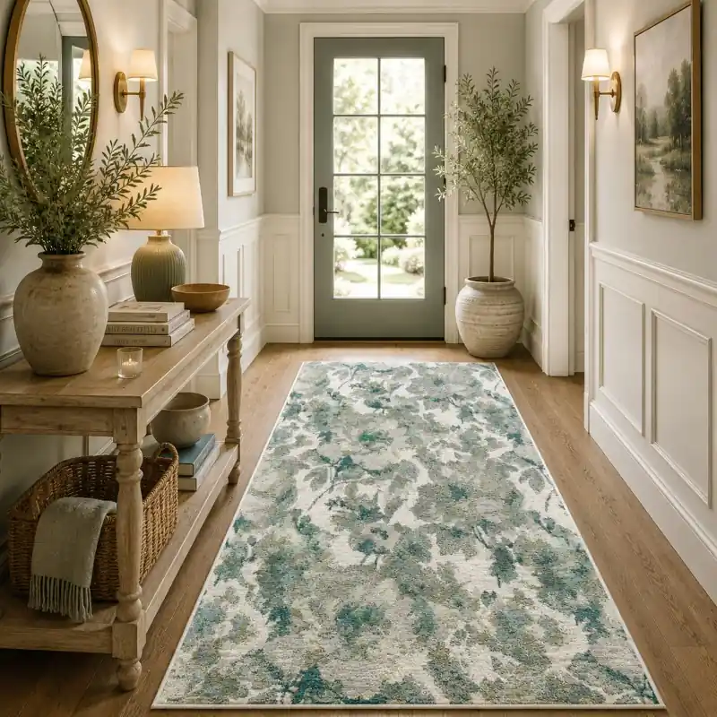 BOTANIC - Tappeto Passatoia Corsia Classico Floreale - Lavabile ed Antiscivolo - Ciniglia Jacquard - Acqua