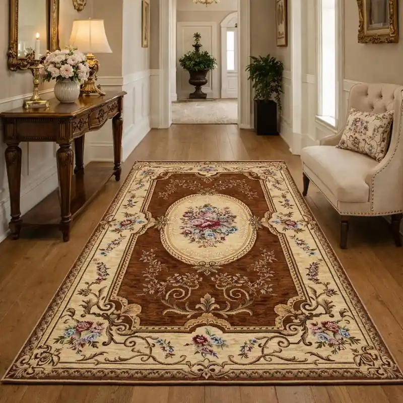 AUBUSSON - Tappeto Classico Passatoia Corsia Stile Francese '800 Ciniglia Jacquard - Lavabile ed Antiscivolo - Marrone
