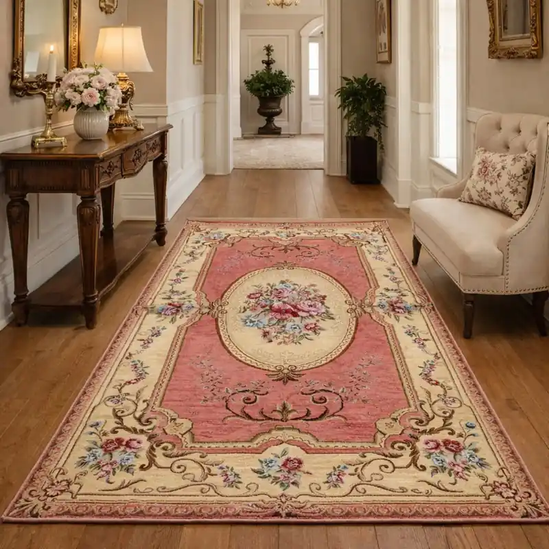 AUBUSSON - Tappeto Classico Passatoia Corsia Stile Francese '800 Ciniglia Jacquard - Lavabile ed Antiscivolo - Rosa