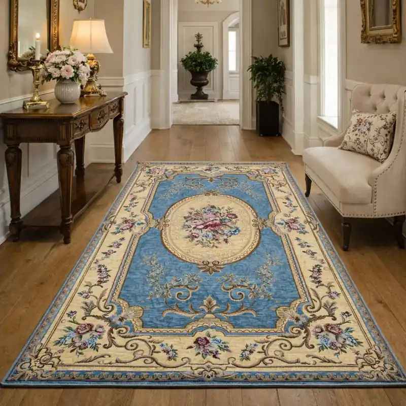 AUBUSSON - Tappeto Classico Passatoia Corsia Stile Francese '800 Ciniglia Jacquard - Lavabile ed Antiscivolo - Azzurro