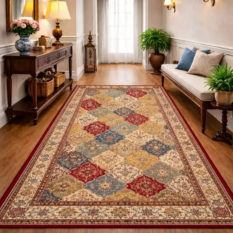KAZAKH - Tappeto Classico Passatoia Corsia Stile Caucasico Effetto Seta Fiori Geometrico Tessere Beige Blu Rosso 2192