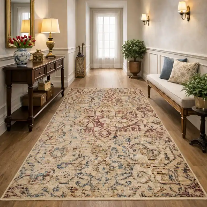 KAZAKH - Tappeto Classico Passatoia Corsia Stile Caucasico Effetto Seta Fiori Geometrico Beige Blu Rosso 1529