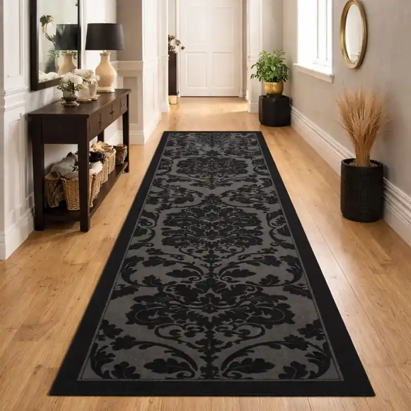 LEVANTE - Tappeto Classico Passatoia Corsia Ciniglia Jacquard Raffinato Effetto Rilievo - Lavabile ed Antiscivolo - Nero
