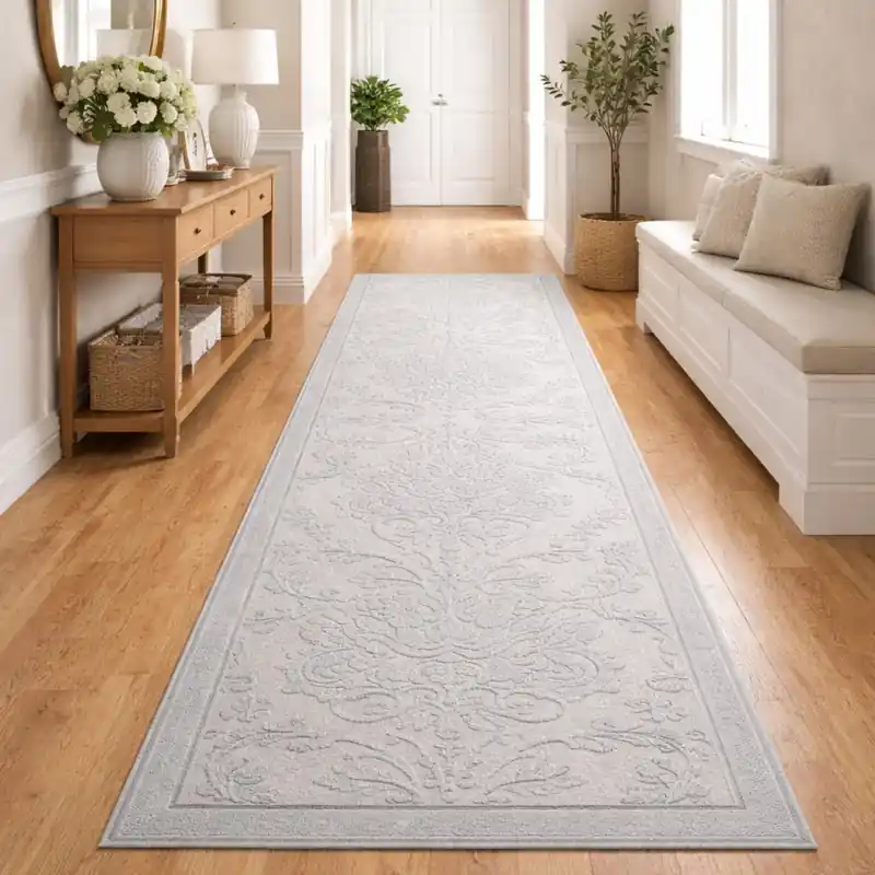 LEVANTE - Tappeto Classico Passatoia Corsia Ciniglia Jacquard Raffinato Effetto Rilievo - Lavabile ed Antiscivolo - Perla