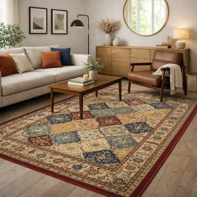KAZAKH - Tappeto Classico Stile Caucasico Effetto Seta Fiori Geometrico Tessere Beige Rosso Blu 2192