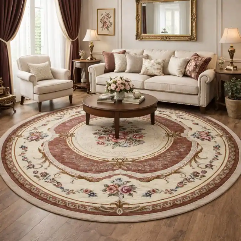 AUBUSSON - Tappeto Classico Rotondo Stile Francese '800 Ciniglia Jacquard - Lavabile ed Antiscivolo - Marrone