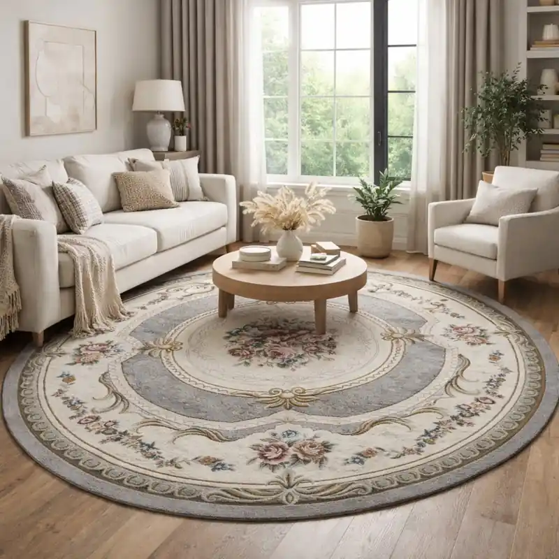 AUBUSSON - Tappeto Classico Rotondo Stile Francese '800 Ciniglia Jacquard - Lavabile ed Antiscivolo - Fango