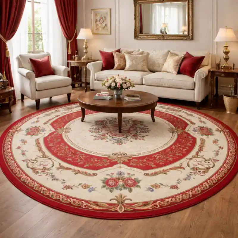 AUBUSSON - Tappeto Classico Rotondo Stile Francese '800 Ciniglia Jacquard - Lavabile ed Antiscivolo - Rosso