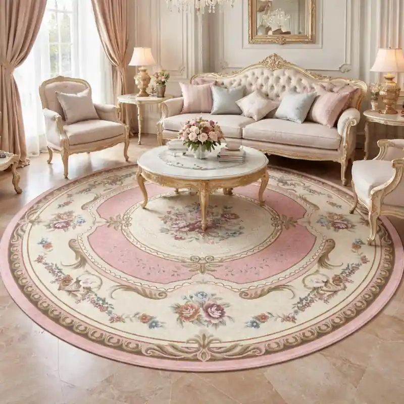AUBUSSON - Tappeto Classico Rotondo Stile Francese '800 Ciniglia Jacquard - Lavabile ed Antiscivolo - Rosa