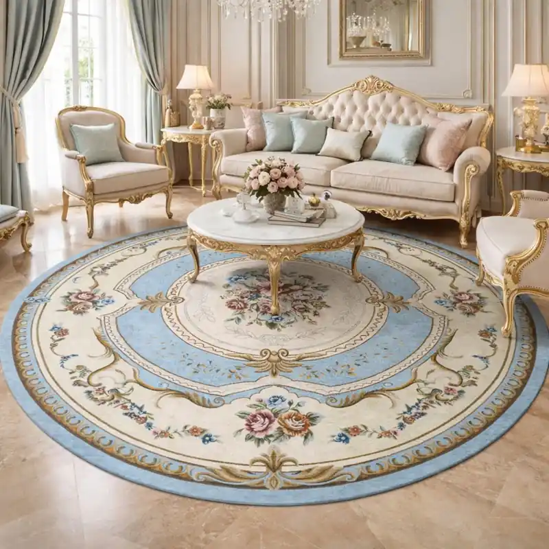 AUBUSSON - Tappeto Classico Rotondo Stile Francese '800 Ciniglia Jacquard - Lavabile ed Antiscivolo - Azzurro