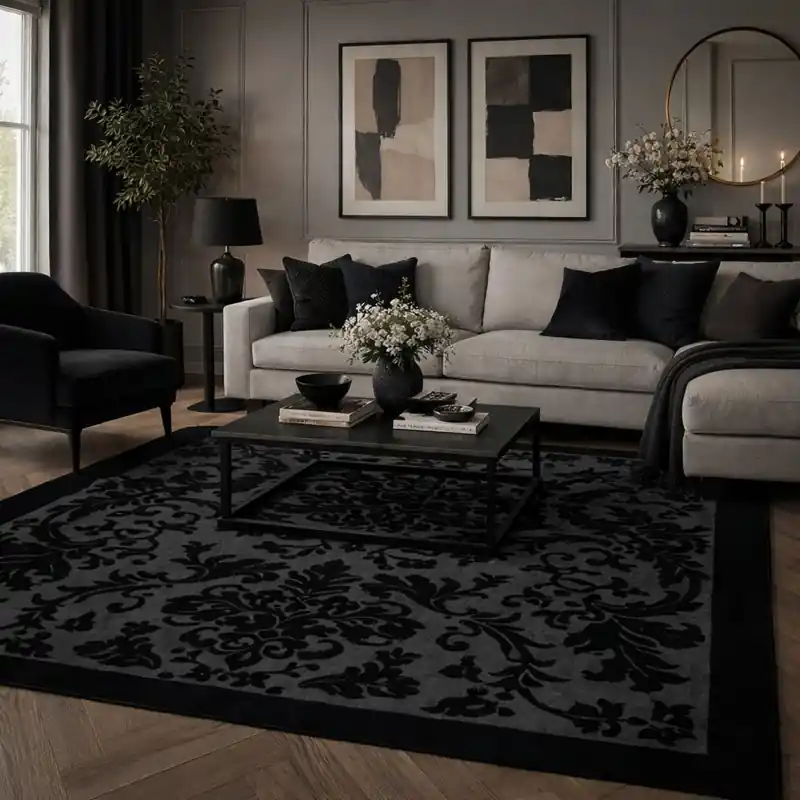 LEVANTE - Tappeto Classico Ciniglia Jacquard Raffinato Effetto Rilievo - Lavabile ed Antiscivolo - Nero
