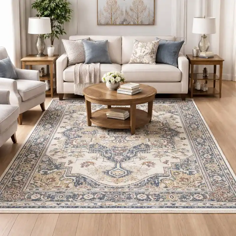 ESTRELLA - Tappeto Classico Contemporaneo Stile Persiano Geometrico Effetto Vintage Beige Blu K7071-E22181