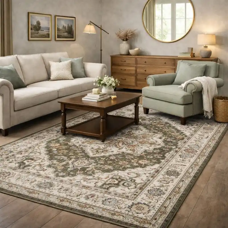 ESTRELLA - Tappeto Classico Contemporaneo Stile Persiano Geometrico Effetto Vintage Beige Verde K7061-E22878