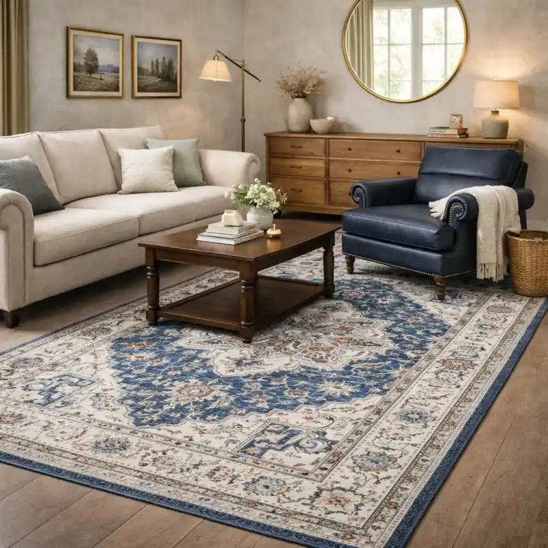 ESTRELLA - Tappeto Classico Contemporaneo Stile Persiano Geometrico Effetto Vintage Blu Beige K7061-E22171