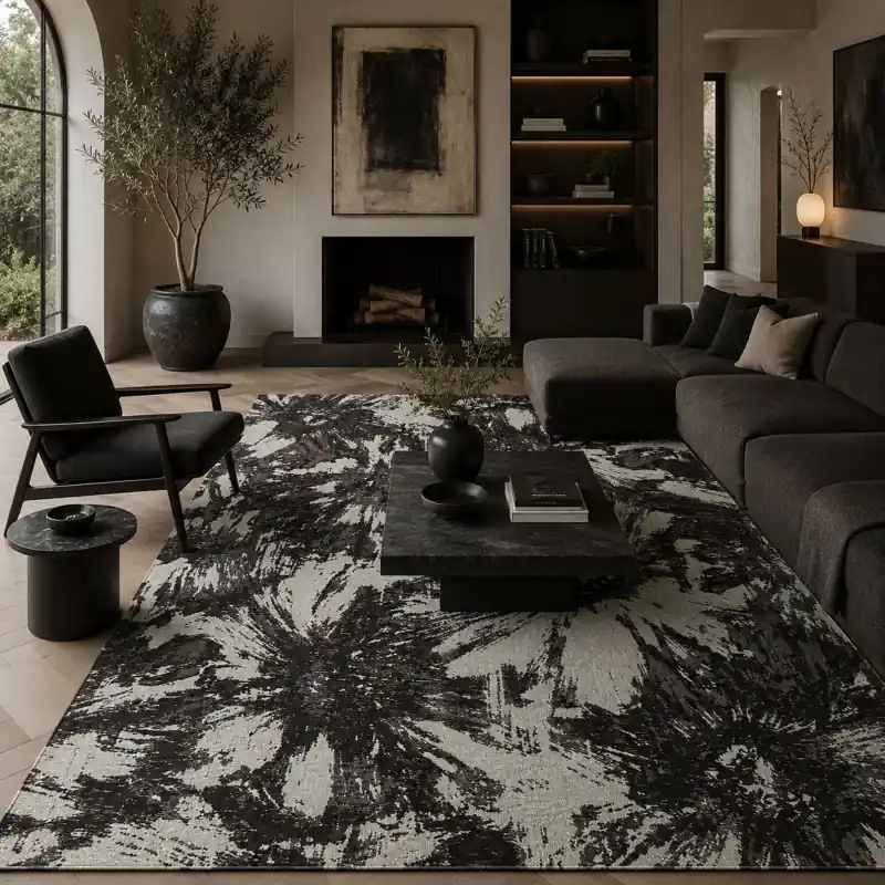 NINFEE - Tappeto Classico Floreale Ciniglia Jacquard - Lavabile ed Antiscivolo - Nero