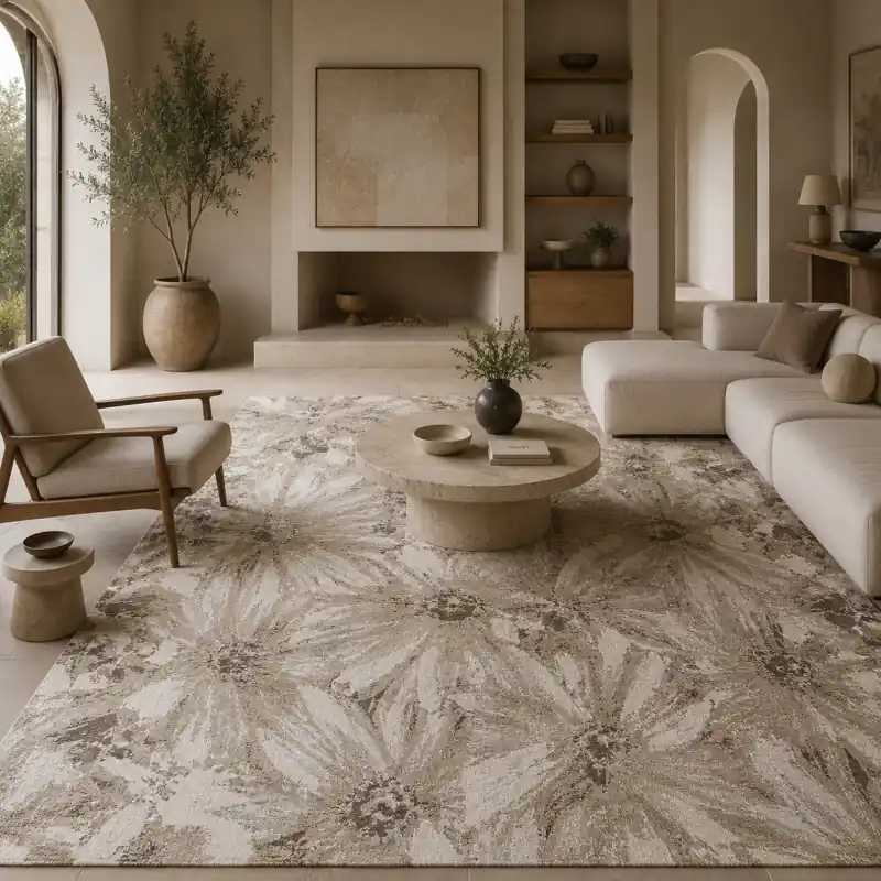 NINFEE - Tappeto Classico Floreale Ciniglia Jacquard - Lavabile ed Antiscivolo - Beige