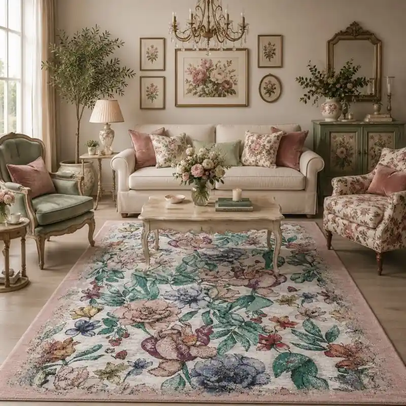 PEONY - Tappeto Classico Floreale Ciniglia Jacquard - Lavabile ed Antiscivolo - Multicolor