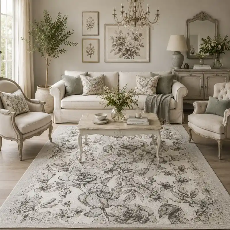 PEONY - Tappeto Classico Floreale Ciniglia Jacquard - Lavabile ed Antiscivolo - Beige Grigio