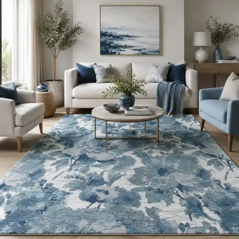 BOTANIC - Tappeto Classico Floreale Ciniglia Jacquard - Lavabile ed Antiscivolo - Azzurro