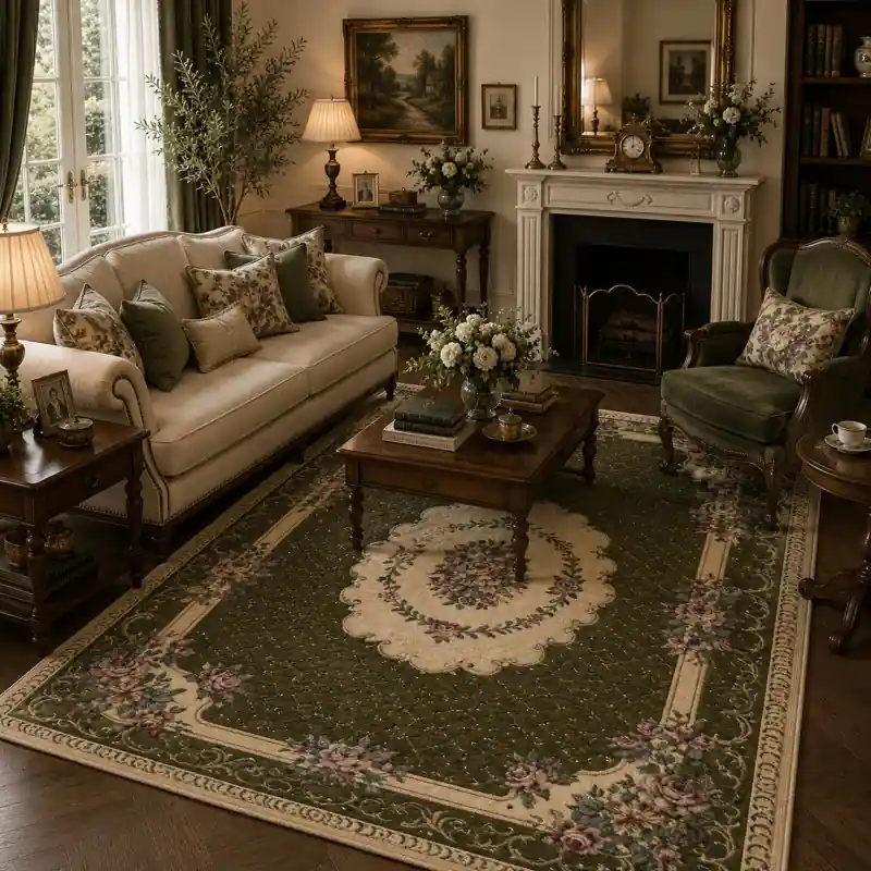 BOUQUET - Tappeto Classico Floreale - Lavabile ed Antiscivolo - Ciniglia Jacquard - Verde