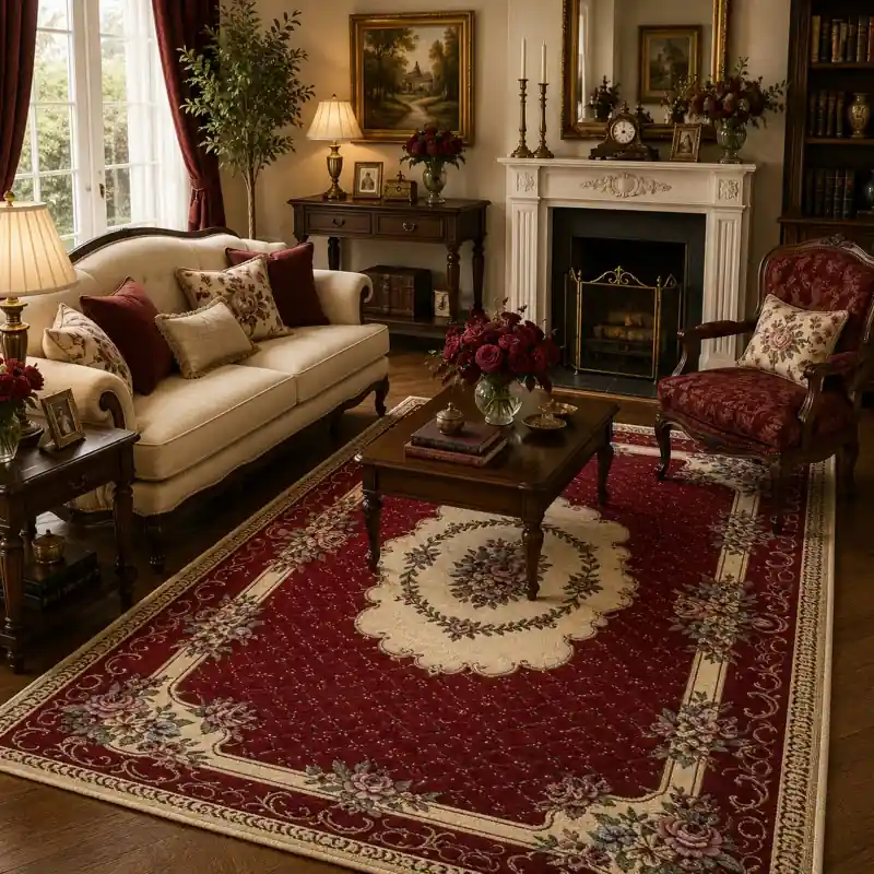 BOUQUET - Tappeto Classico Floreale - Lavabile ed Antiscivolo - Ciniglia Jacquard - Rosso