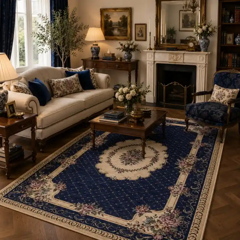 BOUQUET - Tappeto Classico Floreale - Lavabile ed Antiscivolo - Ciniglia Jacquard - Blu
