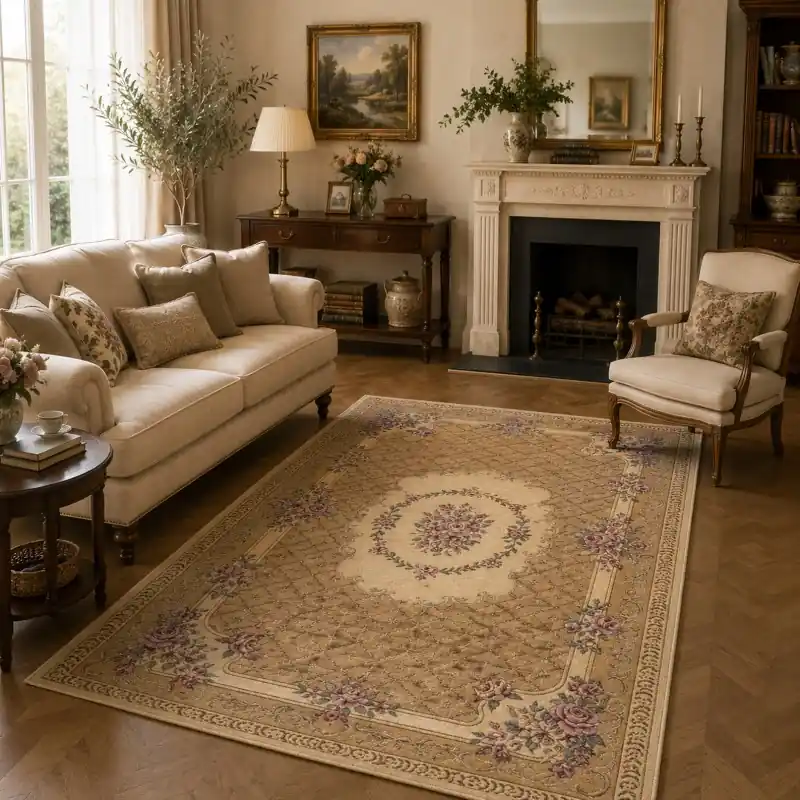 BOUQUET - Tappeto Classico Floreale - Lavabile ed Antiscivolo - Ciniglia Jacquard - Beige