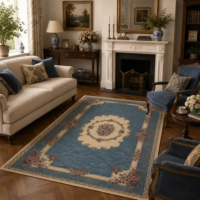 BOUQUET - Tappeto Classico Floreale - Lavabile ed Antiscivolo - Ciniglia Jacquard - Azzurro