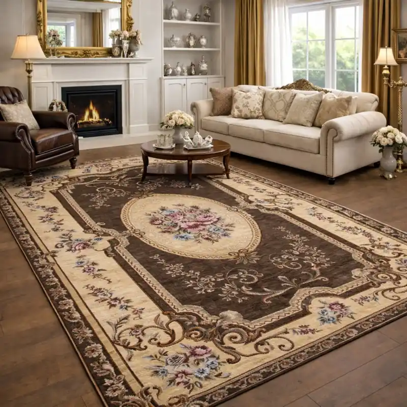AUBUSSON - Tappeto Classico Stile Francese '800 Ciniglia Jacquard - Lavabile ed Antiscivolo - Marrone