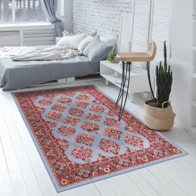 Tappeto Corsia Salotto Camera Lavabile Antiscivolo Classico Orientale Fiori Rosso Azzurro - SARUK